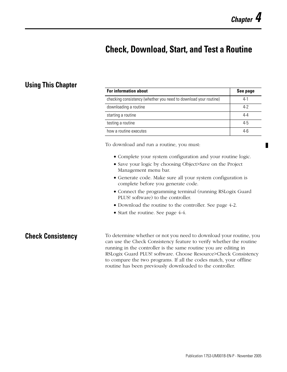 4 - check, download, start, and test a routine, Using this chapter, Check consistency | Chapter 4, Check, download, start, and test a routine, Using this chapter -1 check consistency -1, Chapter | Rockwell Automation 1753-PCS-PAR Using RSLogix Guard PLUS! with GuardPLC Controllers User Manual | Page 65 / 122