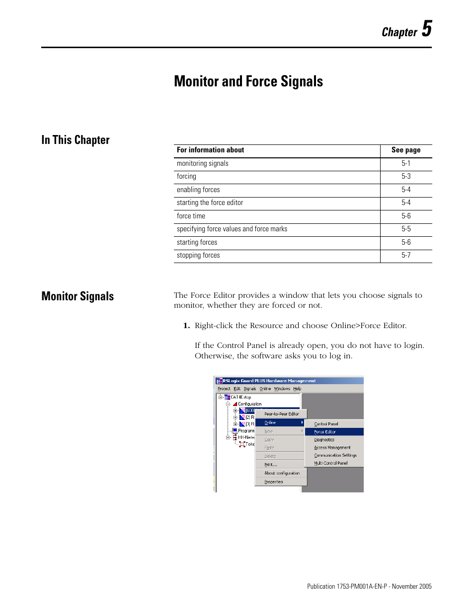 5 - monitor and force signals, In this chapter, Monitor signals | Chapter 5, Monitor and force signals, In this chapter -1 monitor signals -1, Chapter | Rockwell Automation 1753-PCS-PAR Using RSLogix Guard PLUS! with GuardPLC Controllers User Manual | Page 71 / 122