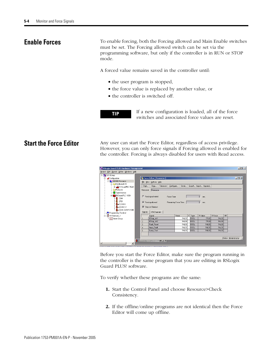 Enable forces, Start the force editor, Enable forces -4 start the force editor -4 | Rockwell Automation 1753-PCS-PAR Using RSLogix Guard PLUS! with GuardPLC Controllers User Manual | Page 74 / 122