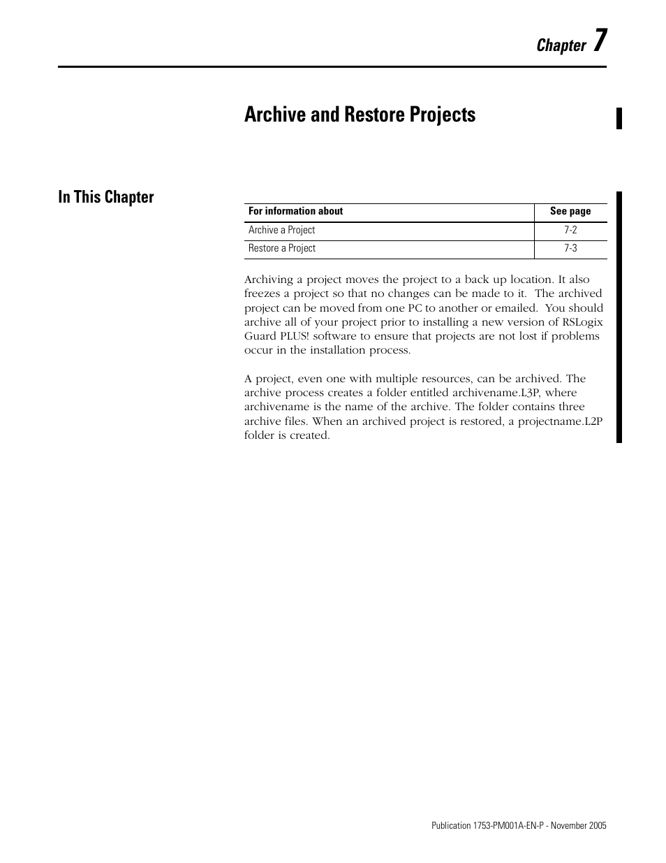 7 - archive and restore projects, In this chapter, Chapter 7 | Archive and restore projects, In this chapter -1, Chapter | Rockwell Automation 1753-PCS-PAR Using RSLogix Guard PLUS! with GuardPLC Controllers User Manual | Page 83 / 122