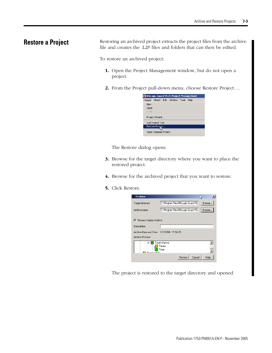 Restore a project, Restore a project -3 | Rockwell Automation 1753-PCS-PAR Using RSLogix Guard PLUS! with GuardPLC Controllers User Manual | Page 85 / 122