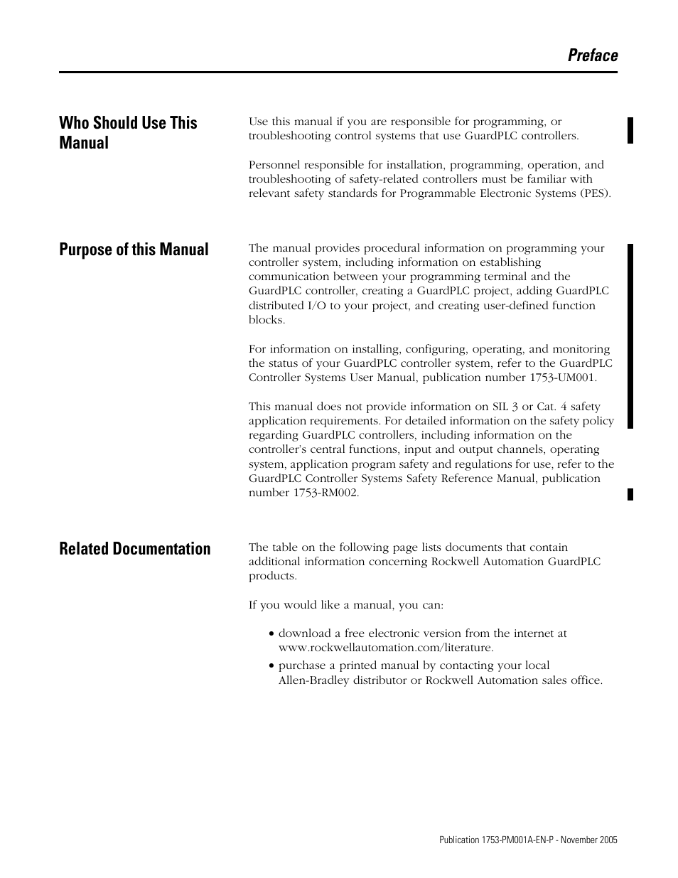Preface, Who should use this manual, Purpose of this manual | Related documentation, Preface who should use this manual | Rockwell Automation 1753-PCS-PAR Using RSLogix Guard PLUS! with GuardPLC Controllers User Manual | Page 9 / 122