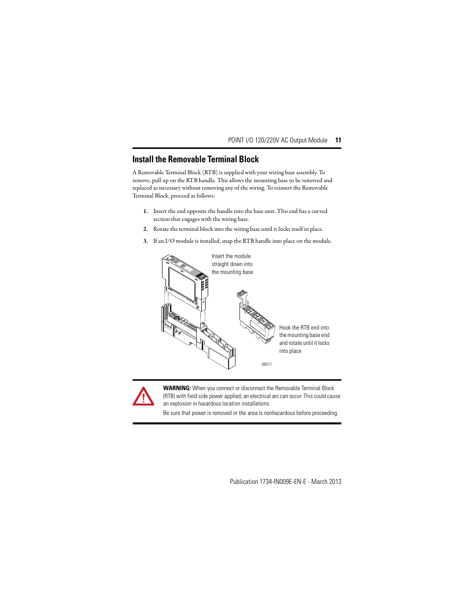 Install the removable terminal block | Rockwell Automation 1734-OA4, Series C POINT I/O 120/220V AC Output Module Installation Instructions User Manual | Page 11 / 24