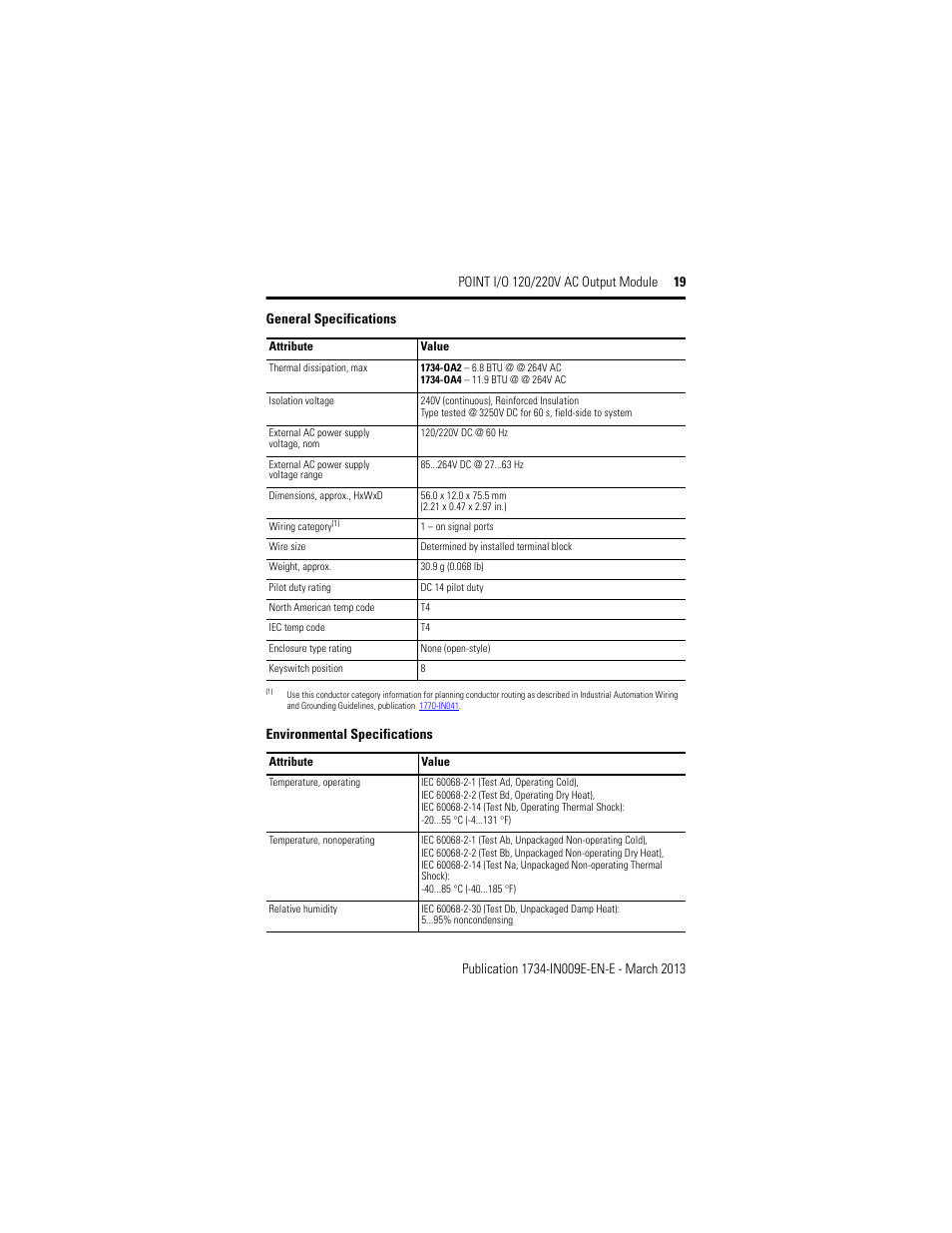 Environmental specifications, General specifications | Rockwell Automation 1734-OA4, Series C POINT I/O 120/220V AC Output Module Installation Instructions User Manual | Page 19 / 24