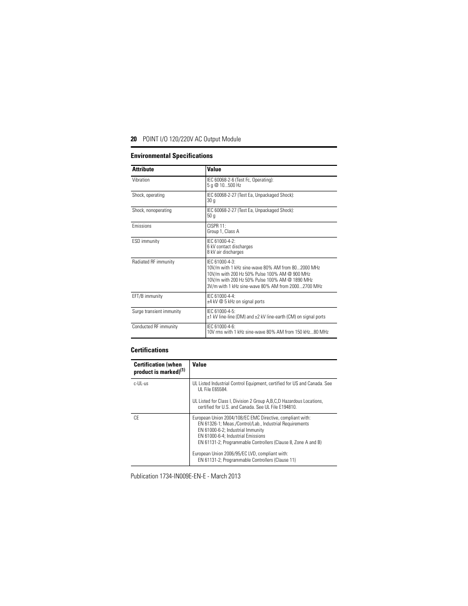 Certifications, Environmental specifications | Rockwell Automation 1734-OA4, Series C POINT I/O 120/220V AC Output Module Installation Instructions User Manual | Page 20 / 24