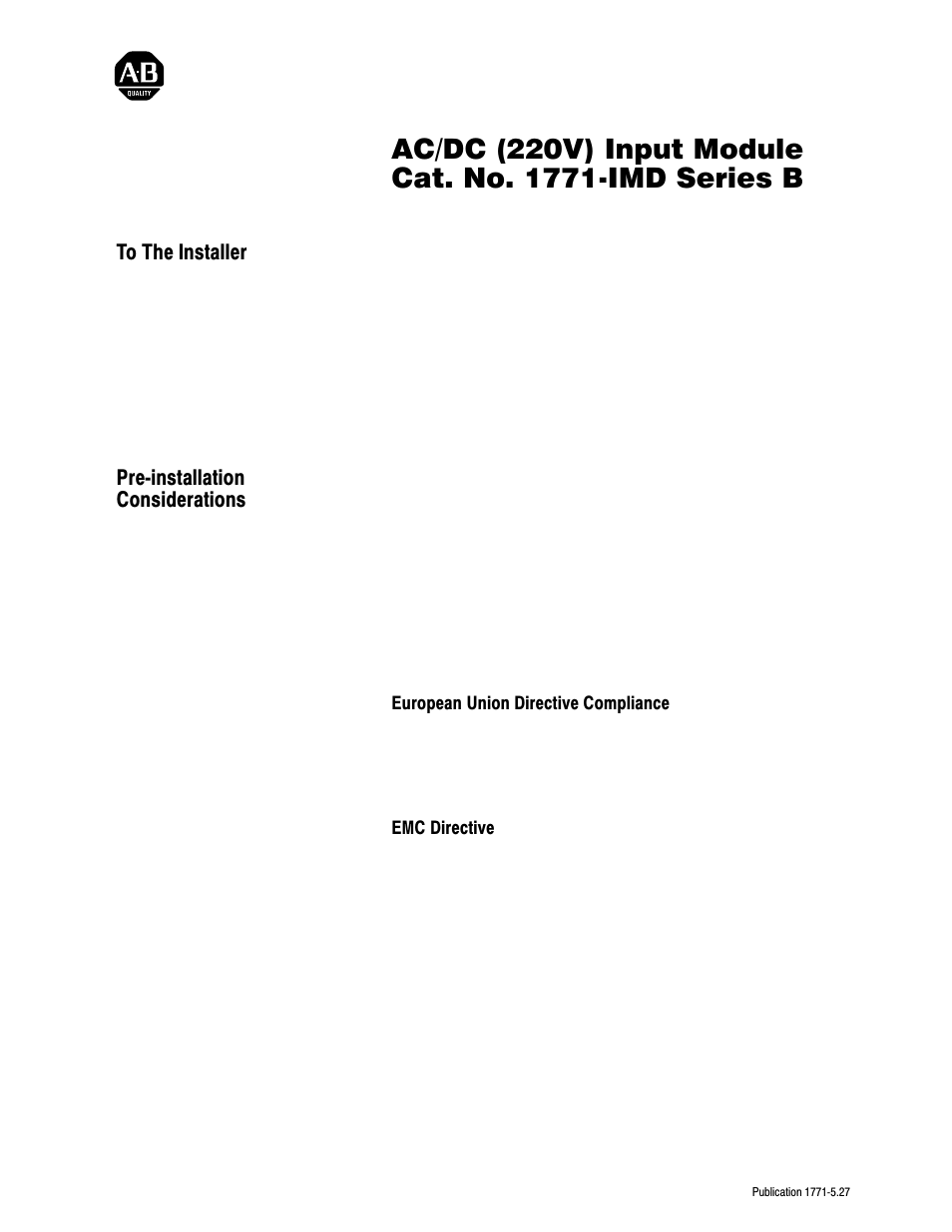 Rockwell Automation 1771-IMD AC/DC(220V) INPUT Installation Instructions User Manual | 8 pages