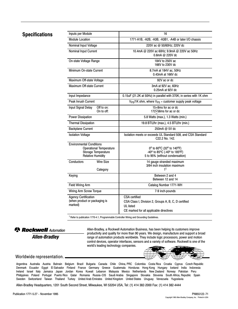 Specifications, Back cover, Worldwide representation | Rockwell Automation 1771-IMD AC/DC(220V) INPUT Installation Instructions User Manual | Page 8 / 8