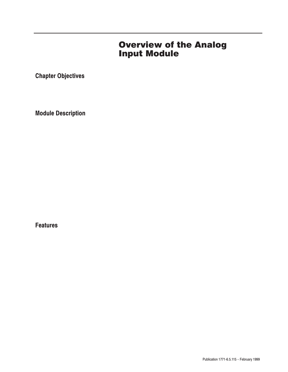 1 - overview of the analog input module, Chapter objectives, Module description | Features, Overview of the analog input module, Chapter | Rockwell Automation 1771-IFE ANALOG INPUT MODULE User Manual | Page 10 / 82