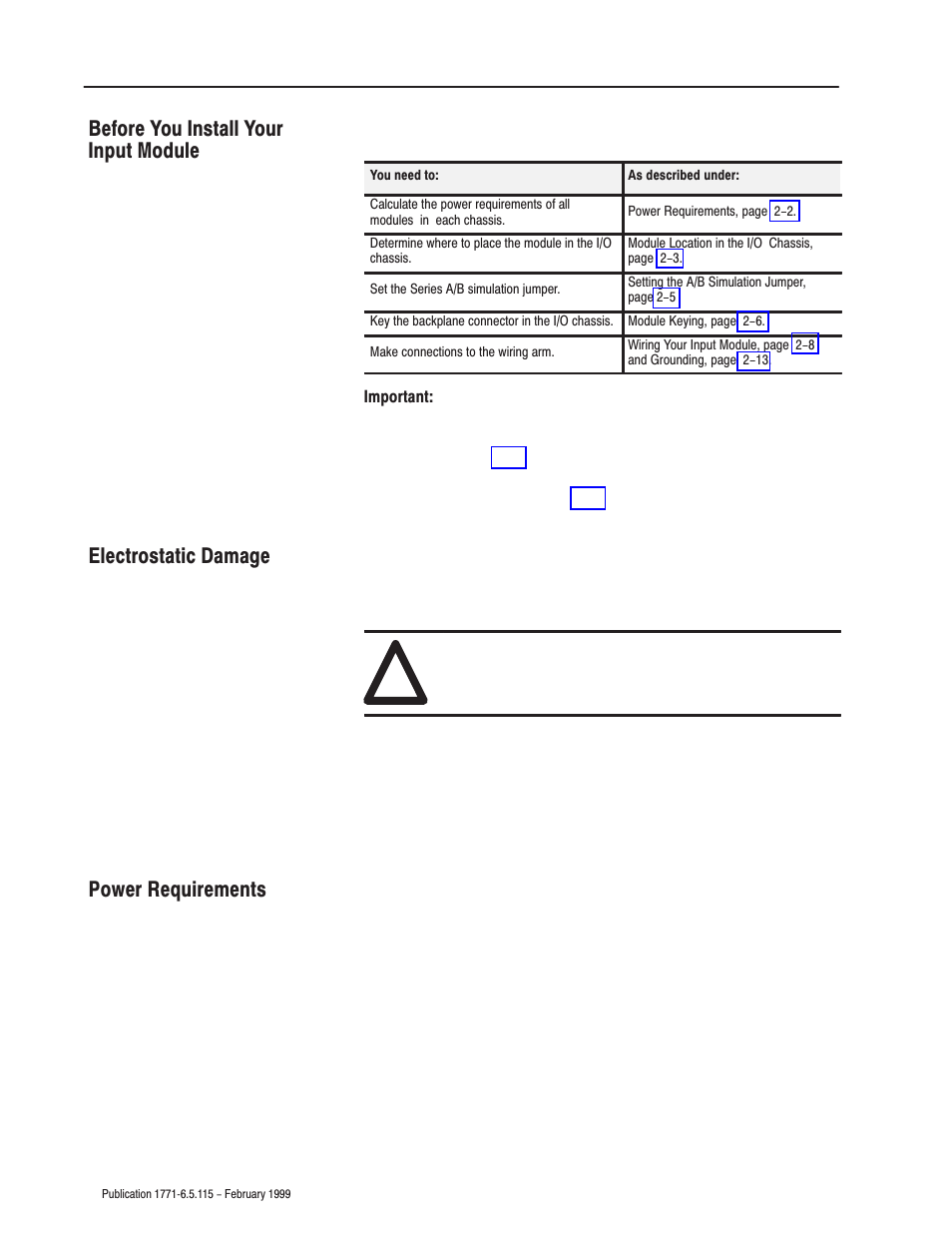 Before you install your input module, Electrostatic damage, Power requirements | Rockwell Automation 1771-IFE ANALOG INPUT MODULE User Manual | Page 14 / 82