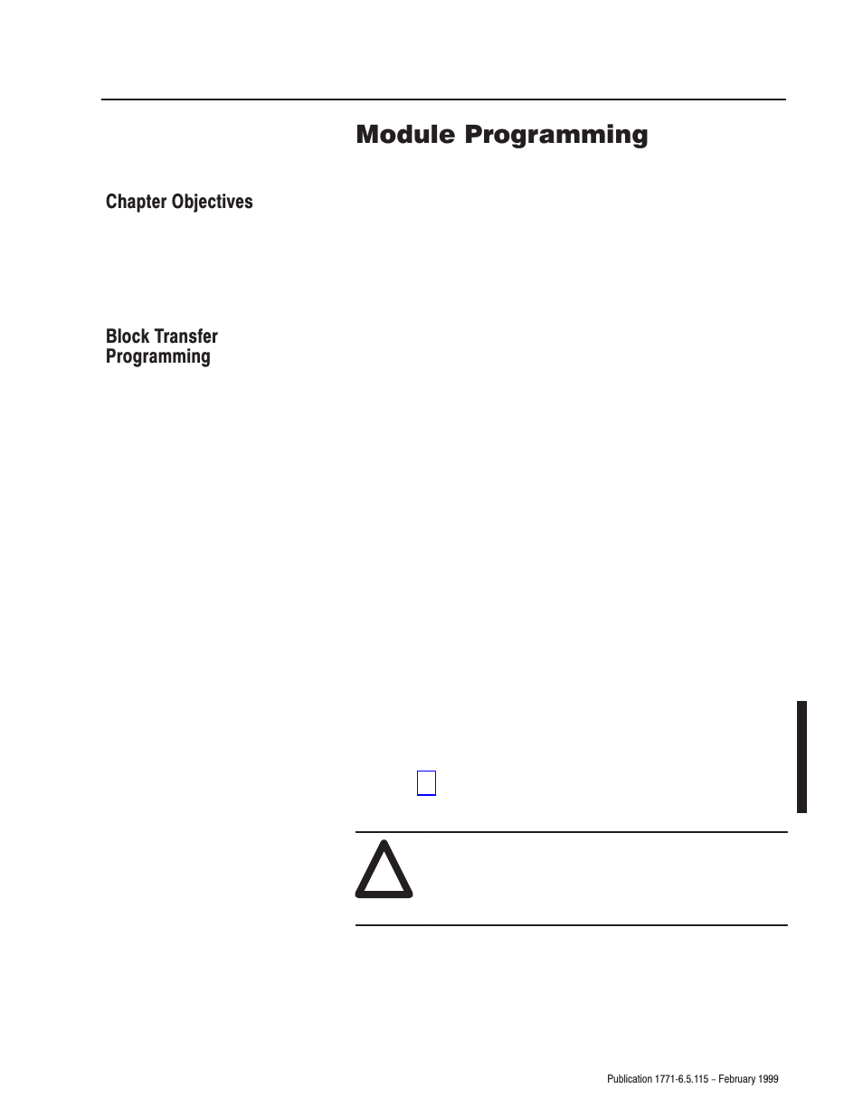 3 - module programming, Chapter objectives, Block transfer programming | Module programming, Chapter | Rockwell Automation 1771-IFE ANALOG INPUT MODULE User Manual | Page 27 / 82