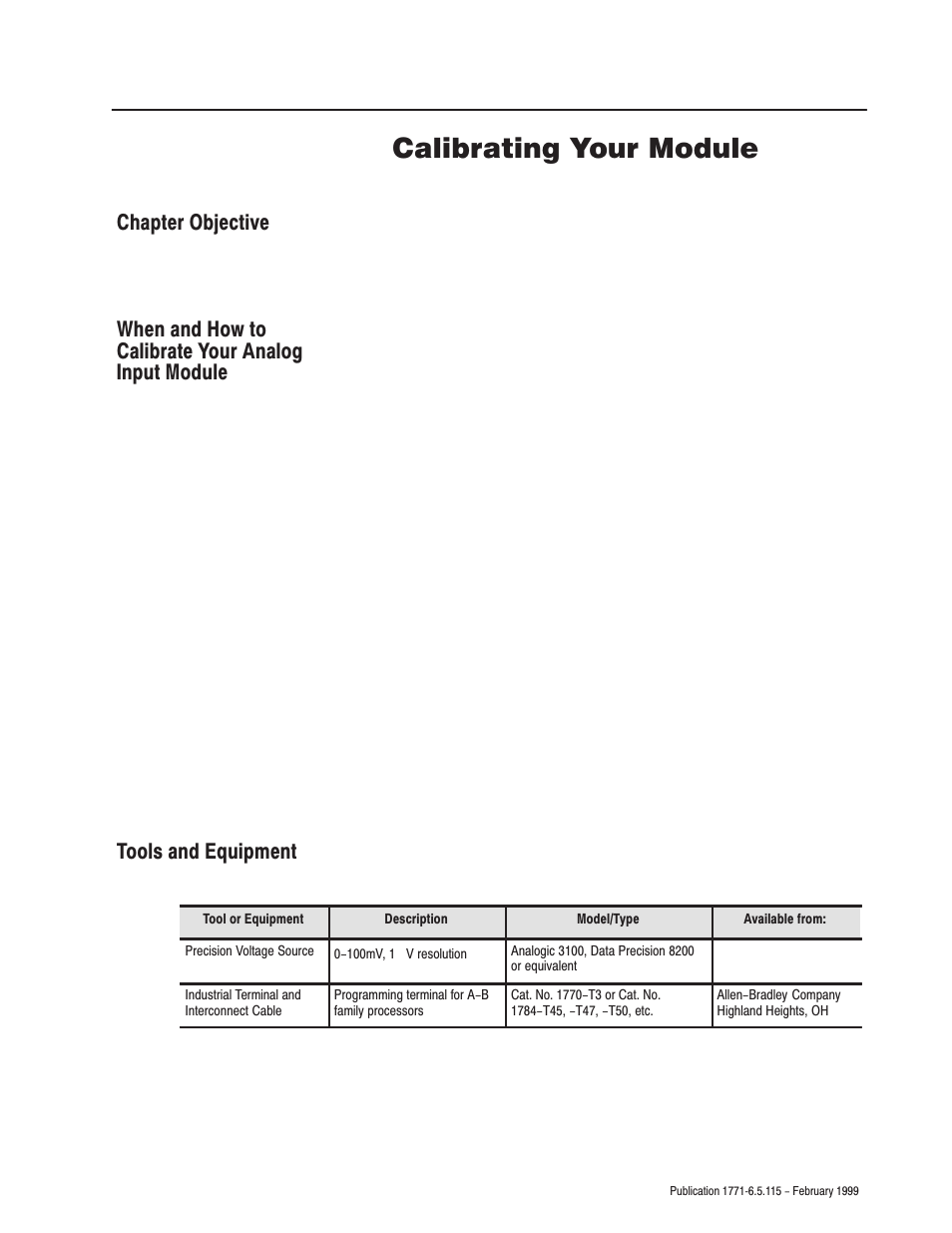 6 - calibrating your module, Chapter objective, When and how to calibrate your analog input module | Tools and equipment, Calibrating your module, Chapter | Rockwell Automation 1771-IFE ANALOG INPUT MODULE User Manual | Page 46 / 82