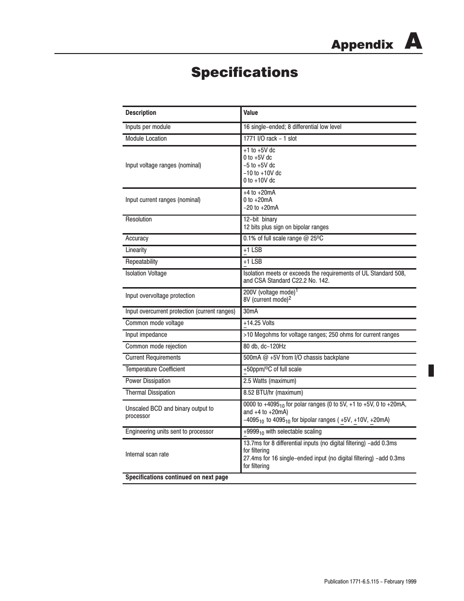 A - specifications, Specifications, Appendix | Rockwell Automation 1771-IFE ANALOG INPUT MODULE User Manual | Page 61 / 82