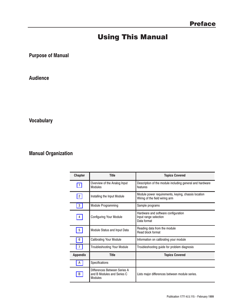 Preface - using this manual, Purpose of manual, Audience | Vocabulary, Manual organization, Using this manual, Preface | Rockwell Automation 1771-IFE ANALOG INPUT MODULE User Manual | Page 7 / 82