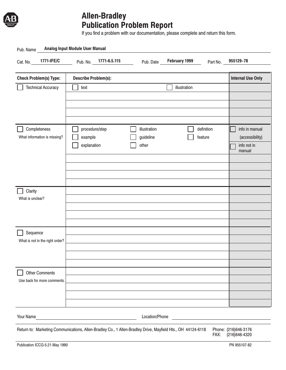 Allen-bradley publication problem report, Allenćbradley publication problem report | Rockwell Automation 1771-IFE ANALOG INPUT MODULE User Manual | Page 79 / 82