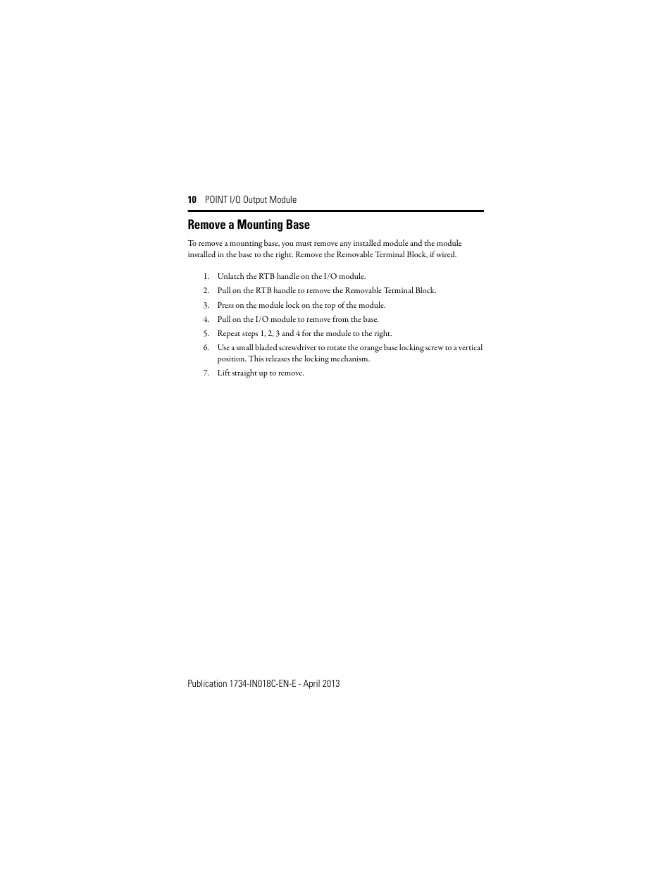 Remove a mounting base | Rockwell Automation 1734-OB2_OB4_OB8, Series C POINT I/O Output Module Installation Instructions User Manual | Page 10 / 24