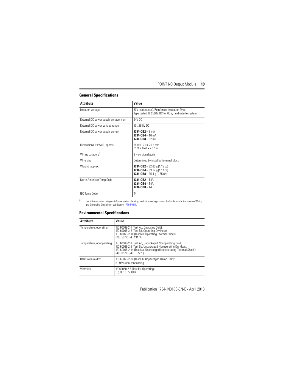 Environmental specifications, General specifications | Rockwell Automation 1734-OB2_OB4_OB8, Series C POINT I/O Output Module Installation Instructions User Manual | Page 19 / 24
