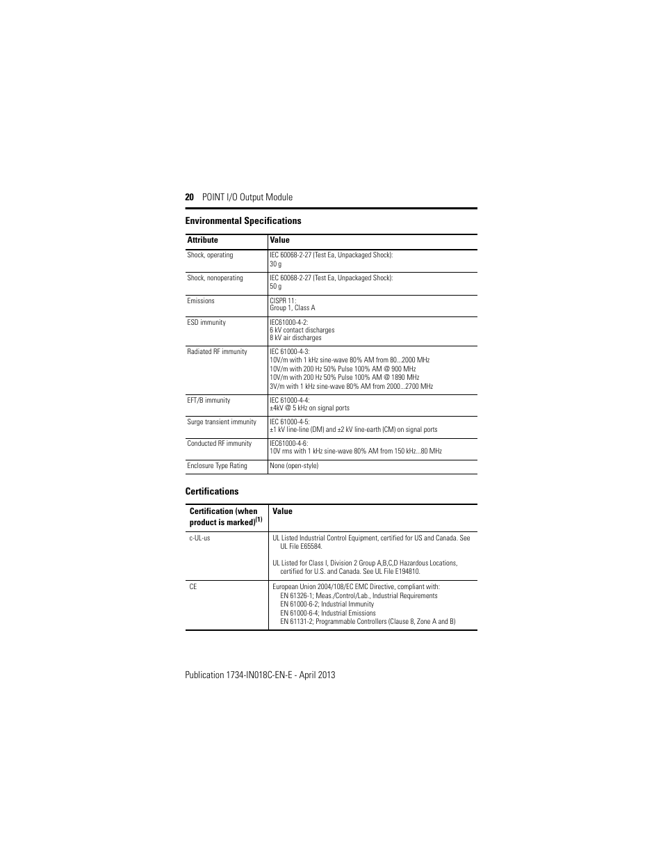 Certifications, Environmental specifications | Rockwell Automation 1734-OB2_OB4_OB8, Series C POINT I/O Output Module Installation Instructions User Manual | Page 20 / 24