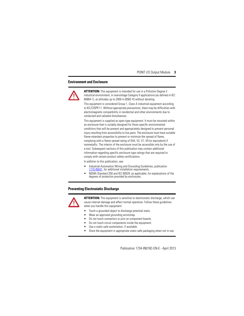 Environment and enclosure, Preventing electrostatic discharge | Rockwell Automation 1734-OB2_OB4_OB8, Series C POINT I/O Output Module Installation Instructions User Manual | Page 3 / 24