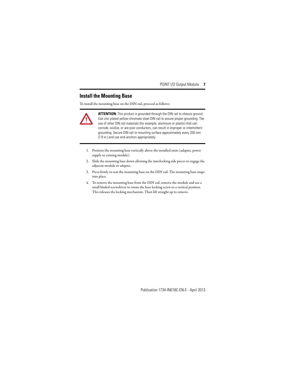 Install the mounting base | Rockwell Automation 1734-OB2_OB4_OB8, Series C POINT I/O Output Module Installation Instructions User Manual | Page 7 / 24