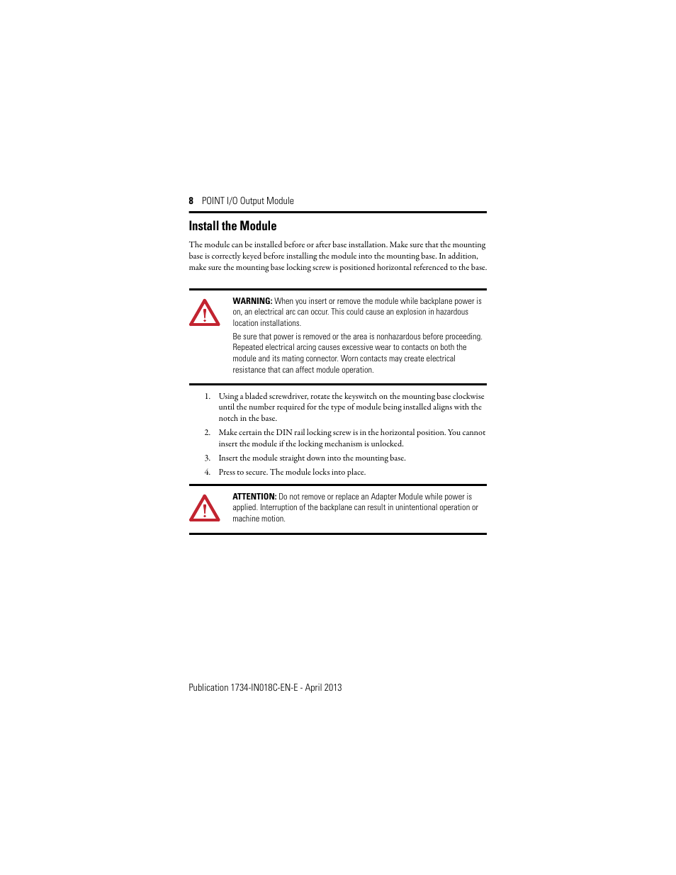 Install the module | Rockwell Automation 1734-OB2_OB4_OB8, Series C POINT I/O Output Module Installation Instructions User Manual | Page 8 / 24