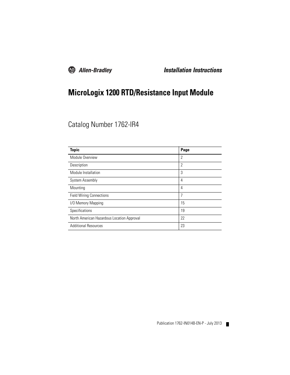 Rockwell Automation 1762-IR4 RTD/Resistance Input Module User Manual | 24 pages