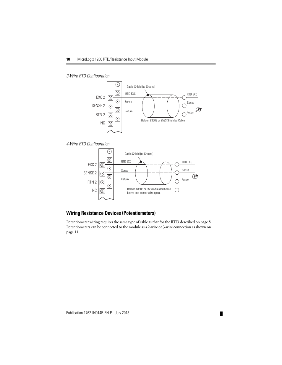 Wiring resistance devices (potentiometers) | Rockwell Automation 1762-IR4 RTD/Resistance Input Module User Manual | Page 10 / 24