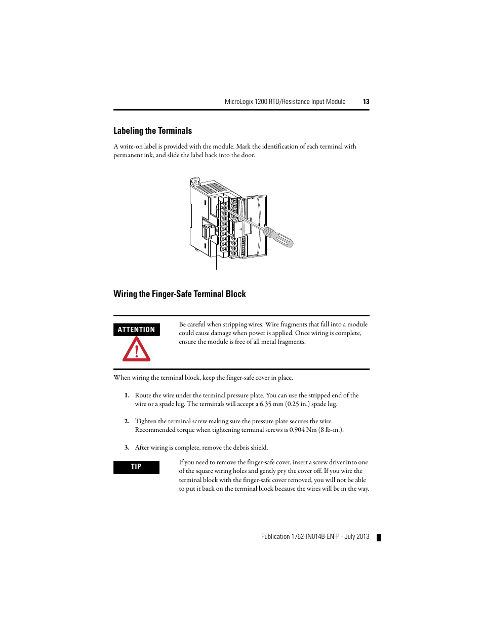 Labeling the terminals, Wiring the finger-safe terminal block | Rockwell Automation 1762-IR4 RTD/Resistance Input Module User Manual | Page 13 / 24