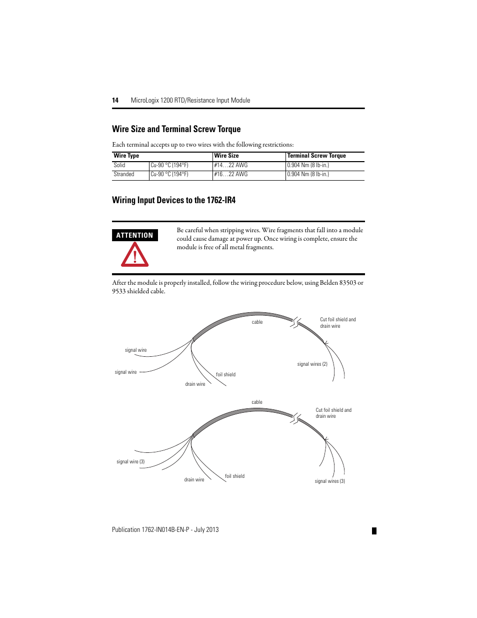 Wire size and terminal screw torque | Rockwell Automation 1762-IR4 RTD/Resistance Input Module User Manual | Page 14 / 24