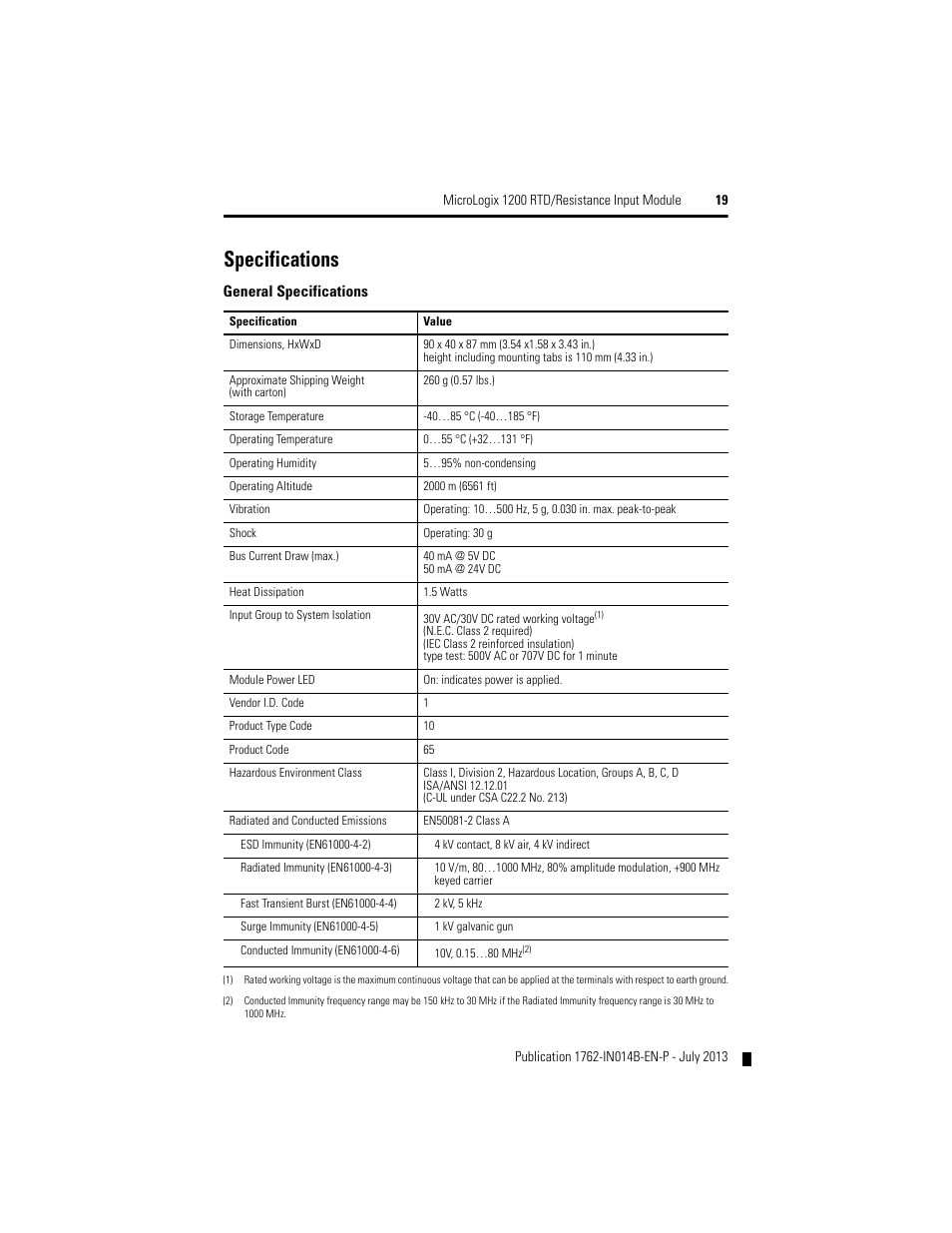 Specifications | Rockwell Automation 1762-IR4 RTD/Resistance Input Module User Manual | Page 19 / 24