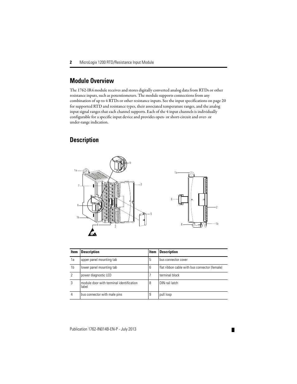 Module overview, Description | Rockwell Automation 1762-IR4 RTD/Resistance Input Module User Manual | Page 2 / 24
