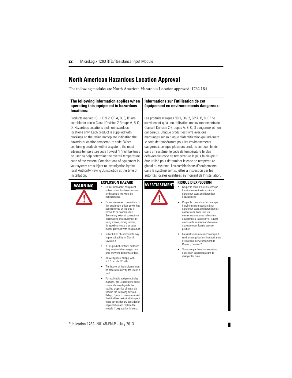 North american hazardous location approval | Rockwell Automation 1762-IR4 RTD/Resistance Input Module User Manual | Page 22 / 24