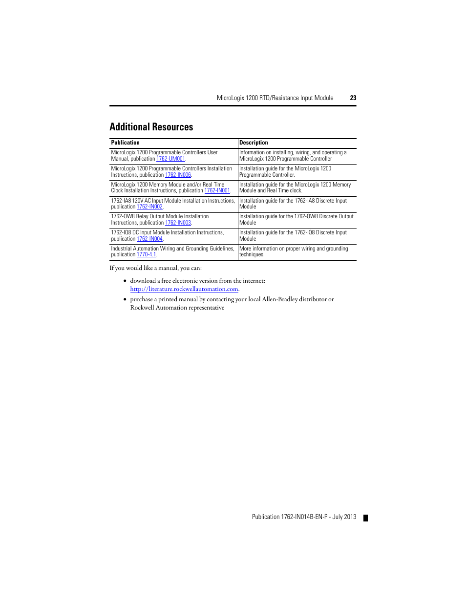 Additional resources | Rockwell Automation 1762-IR4 RTD/Resistance Input Module User Manual | Page 23 / 24
