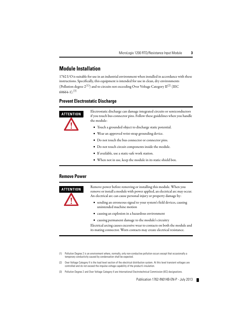 Module installation, Prevent electrostatic discharge remove power | Rockwell Automation 1762-IR4 RTD/Resistance Input Module User Manual | Page 3 / 24
