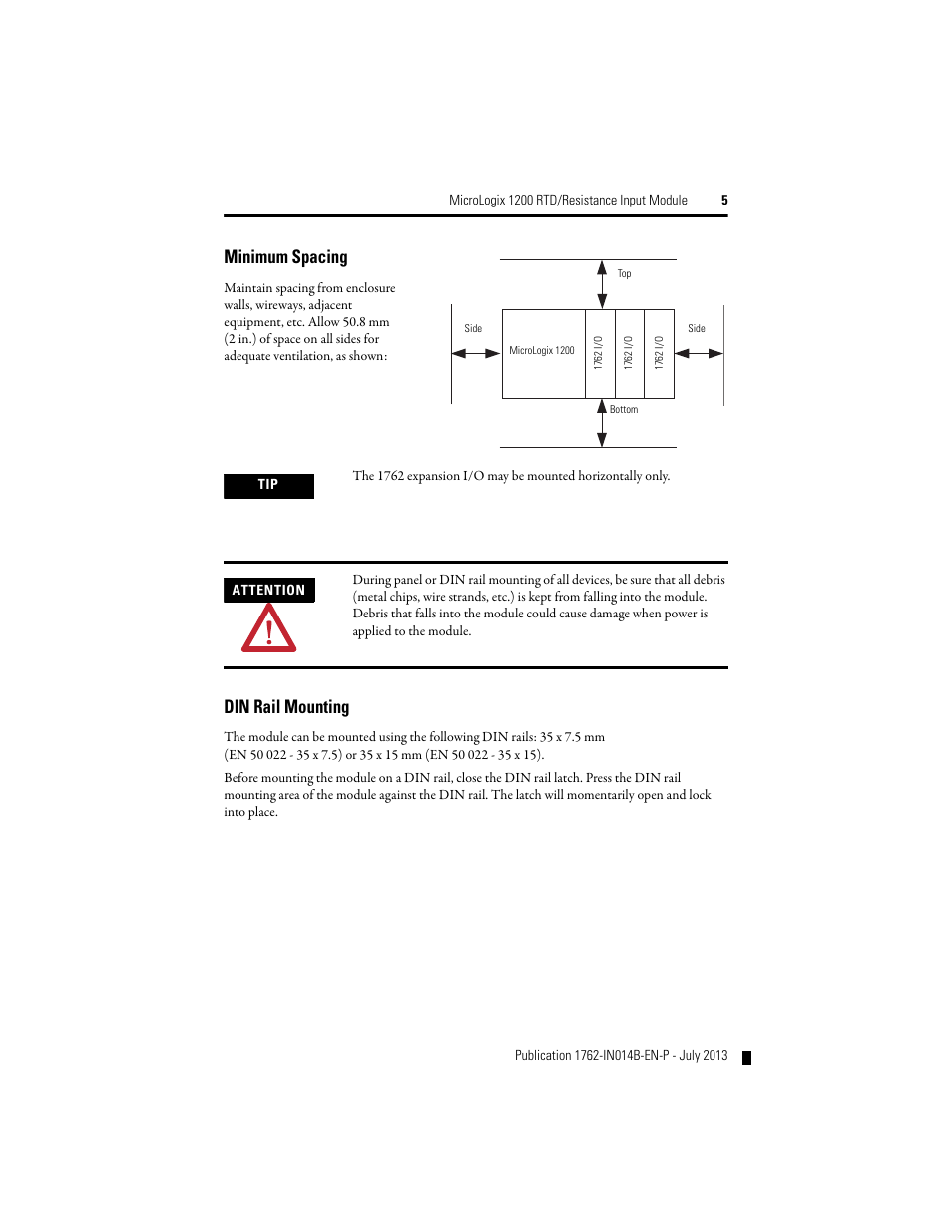 Minimum spacing, Din rail mounting | Rockwell Automation 1762-IR4 RTD/Resistance Input Module User Manual | Page 5 / 24