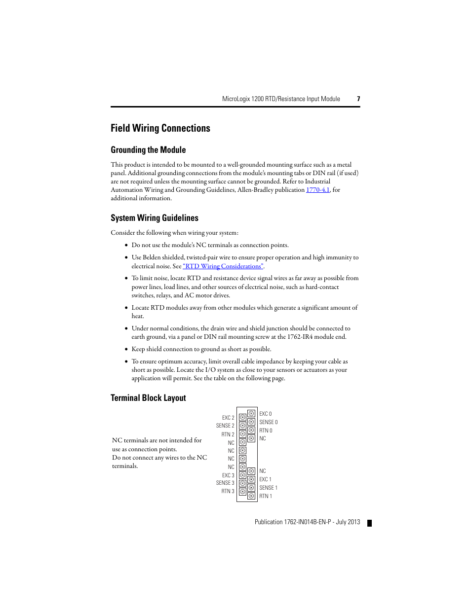 Field wiring connections, Grounding the module, System wiring guidelines | Terminal block layout | Rockwell Automation 1762-IR4 RTD/Resistance Input Module User Manual | Page 7 / 24