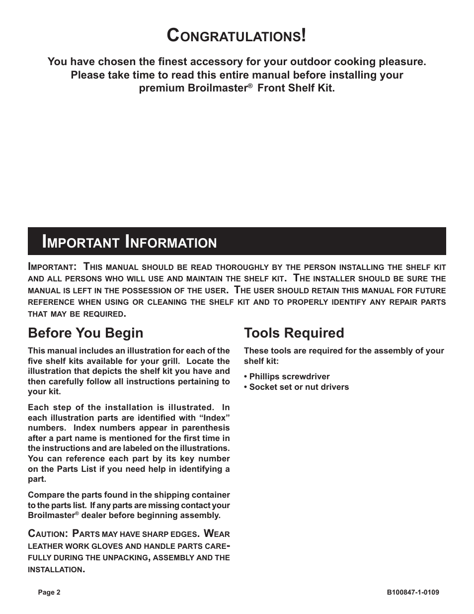 Before you begin, Tools required, Ongratulations | Mportant, Nformation | Broilmaster B100847-1-0109 User Manual | Page 2 / 4