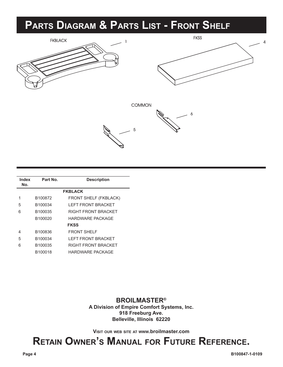 Arts, Iagram, Ront | Helf, Etain, Wner, Anual, Uture, Eference | Broilmaster B100847-1-0109 User Manual | Page 4 / 4