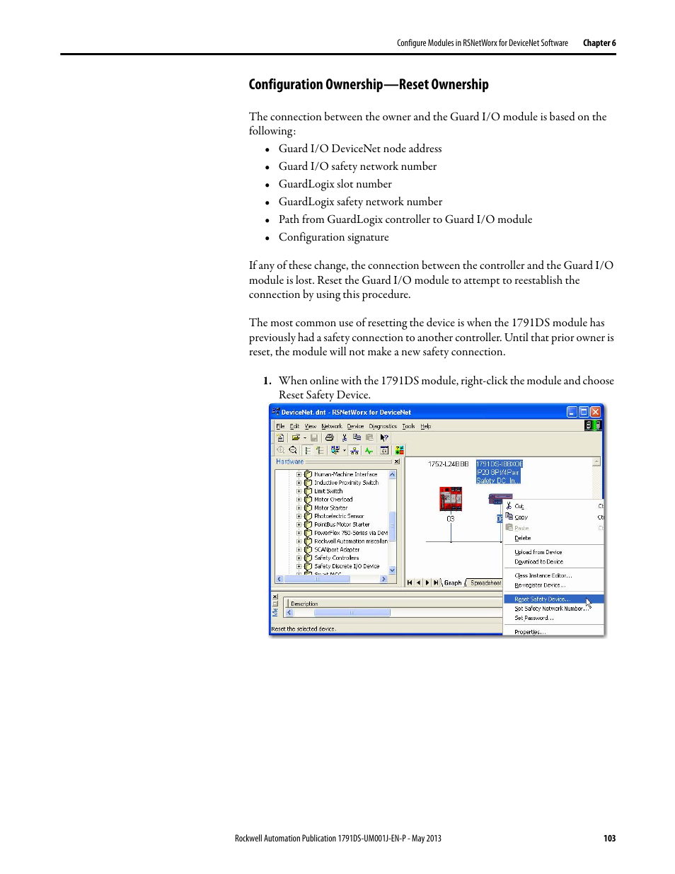 Configuration ownership—reset ownership | Rockwell Automation 1791DS-IBxxxx Guard I/O DeviceNet Safety Modules User Manual | Page 103 / 178