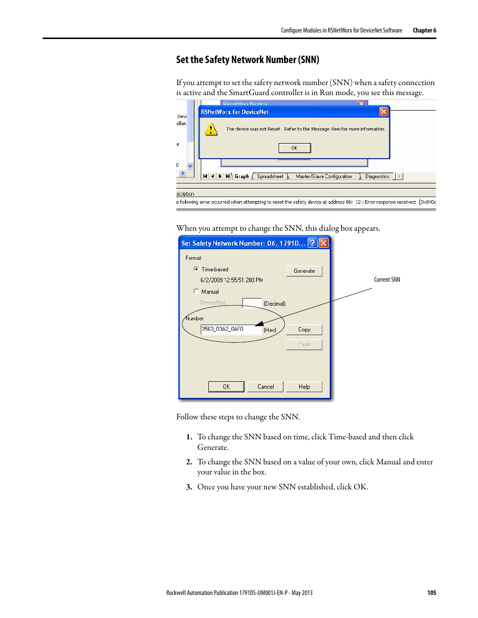 Set the safety network number (snn) | Rockwell Automation 1791DS-IBxxxx Guard I/O DeviceNet Safety Modules User Manual | Page 105 / 178