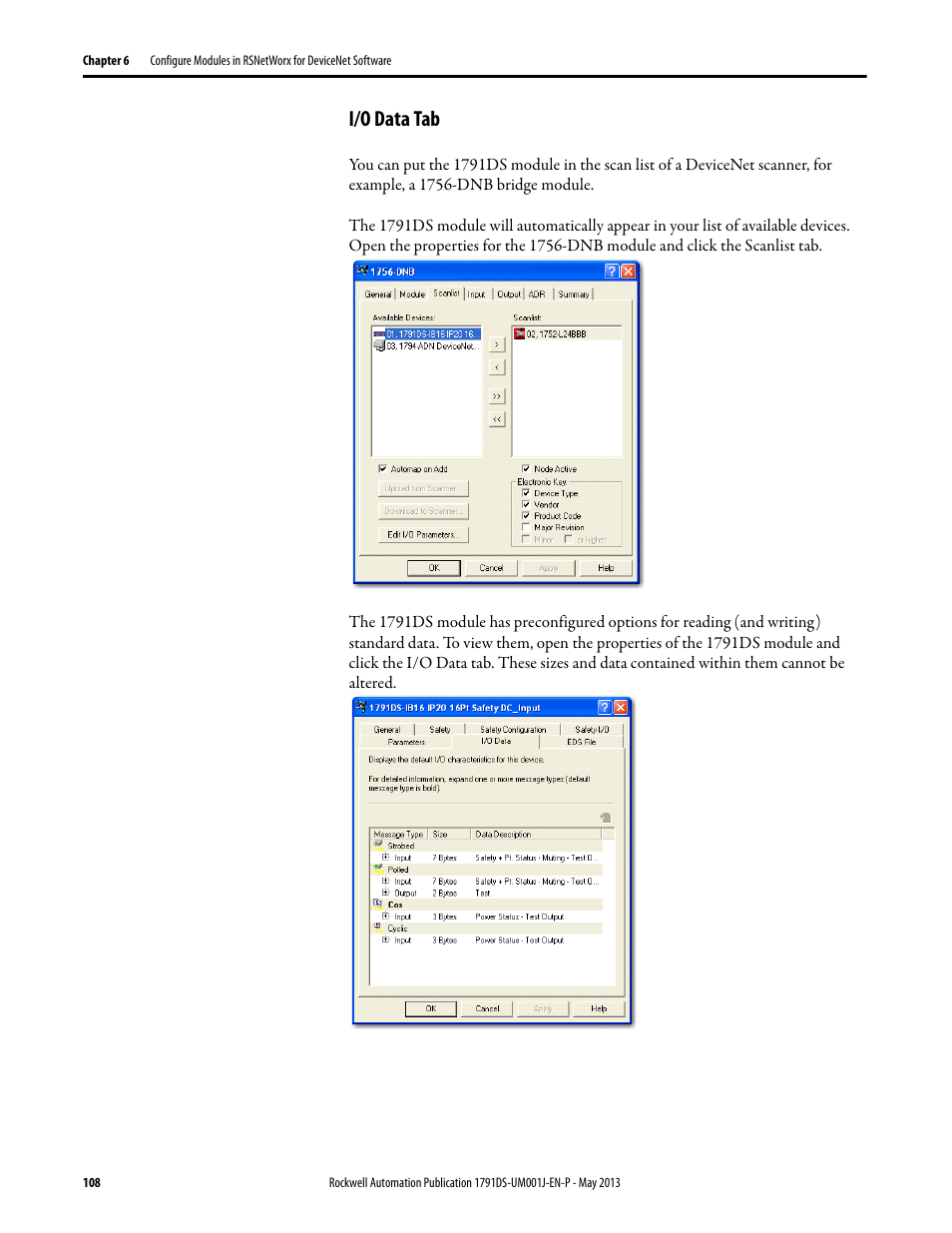 I/o data tab | Rockwell Automation 1791DS-IBxxxx Guard I/O DeviceNet Safety Modules User Manual | Page 108 / 178