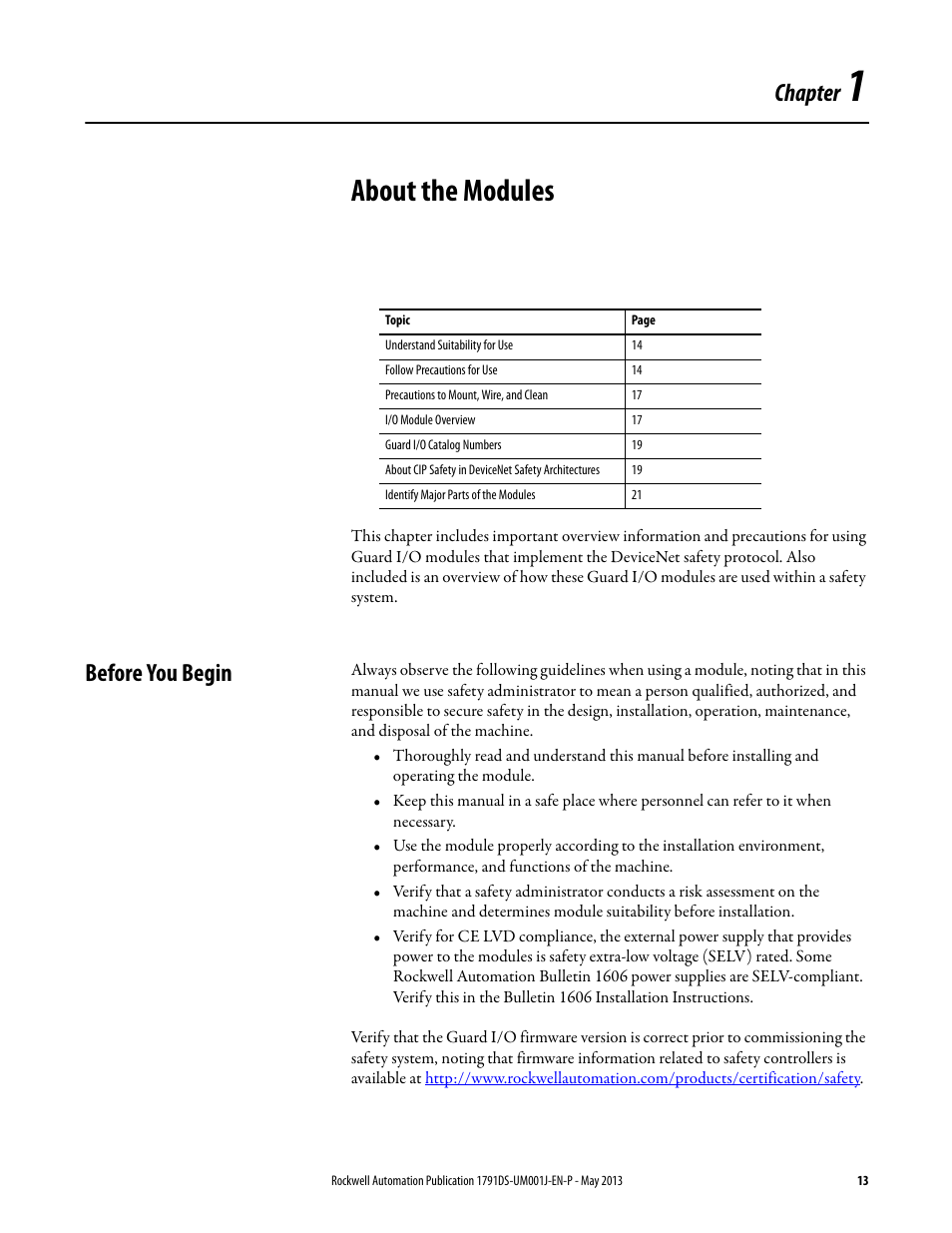 1 - about the modules, Before you begin, Chapter 1 | About the modules, Chapter | Rockwell Automation 1791DS-IBxxxx Guard I/O DeviceNet Safety Modules User Manual | Page 13 / 178