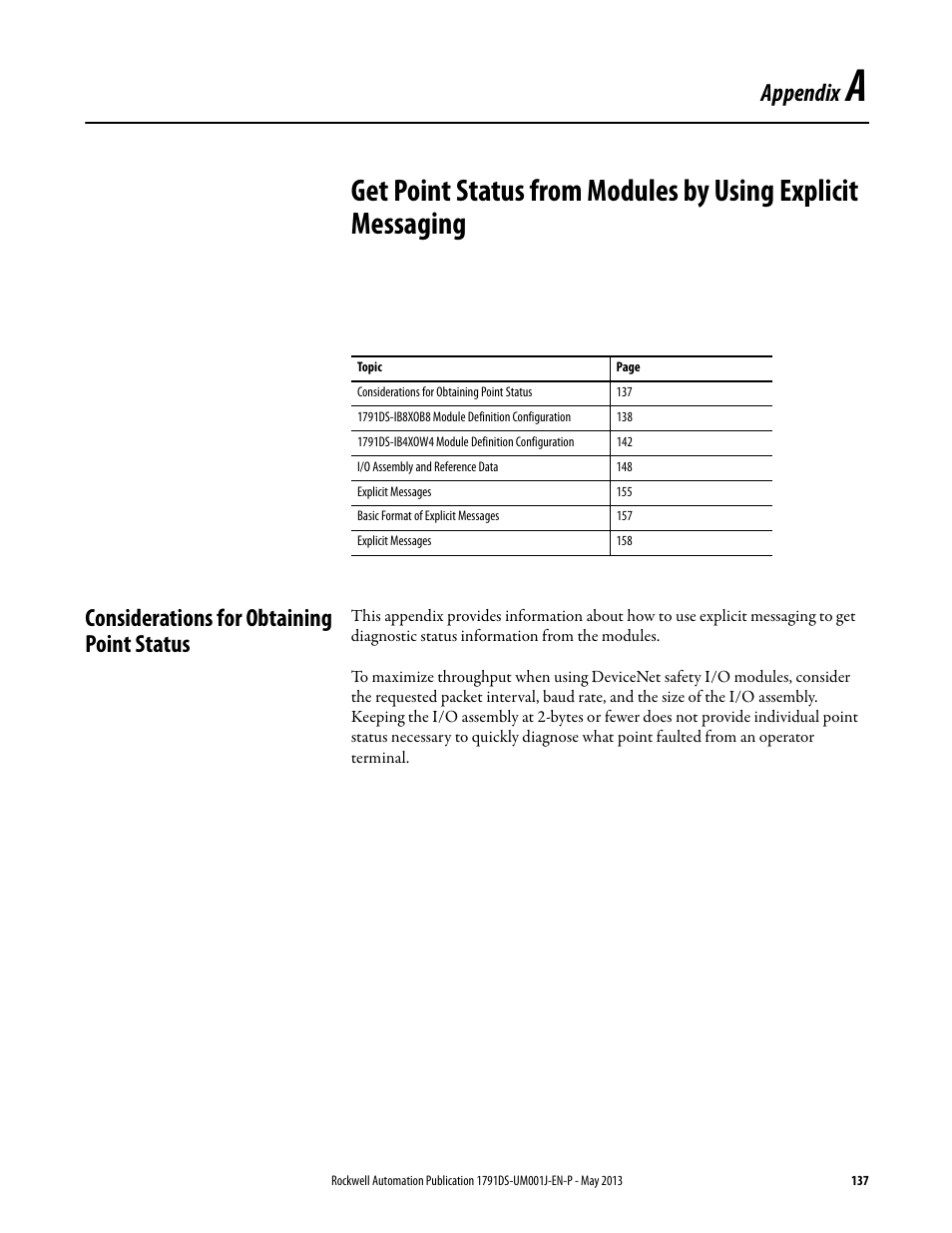 Considerations for obtaining point status, Appendix a, Appendix | Rockwell Automation 1791DS-IBxxxx Guard I/O DeviceNet Safety Modules User Manual | Page 137 / 178