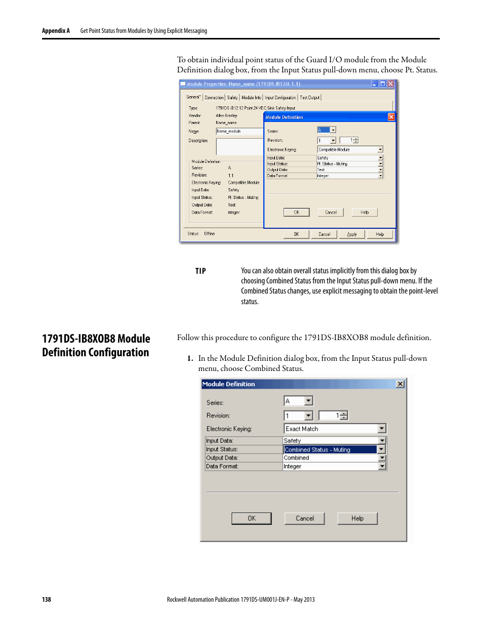 1791ds-ib8xob8 module definition configuration | Rockwell Automation 1791DS-IBxxxx Guard I/O DeviceNet Safety Modules User Manual | Page 138 / 178