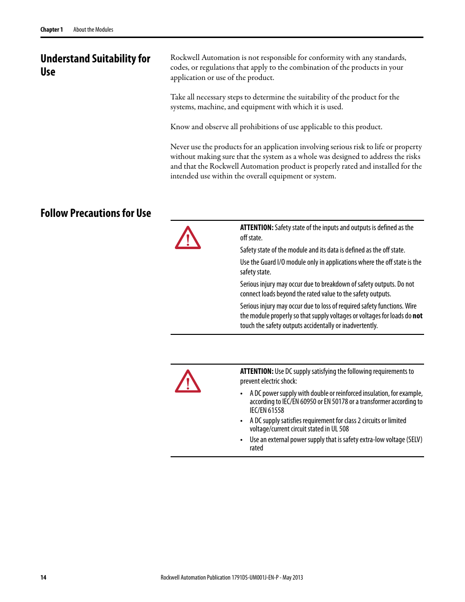 Understand suitability for use, Follow precautions for use | Rockwell Automation 1791DS-IBxxxx Guard I/O DeviceNet Safety Modules User Manual | Page 14 / 178