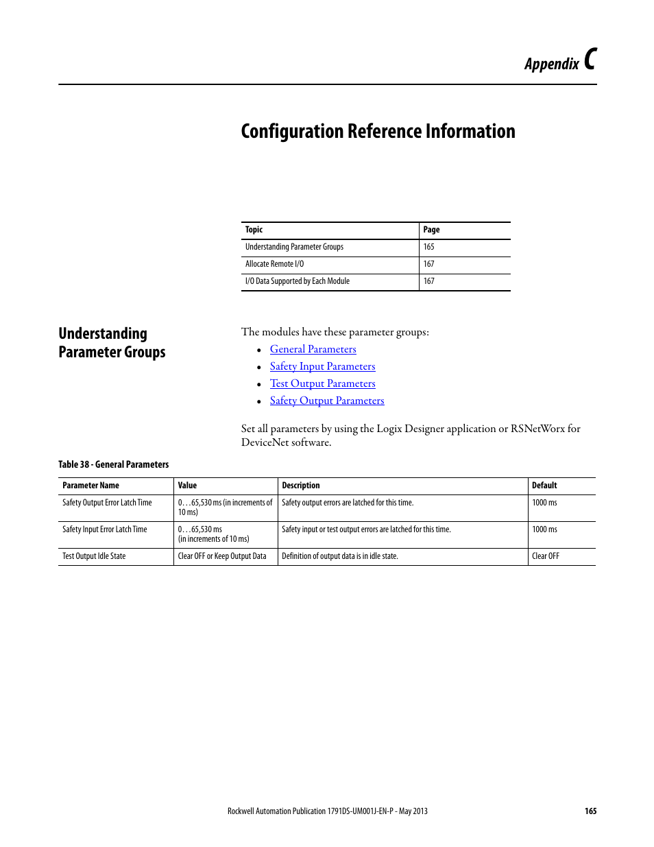 C - configuration reference information, Understanding parameter groups, Appendix c | Configuration reference information, Appendix | Rockwell Automation 1791DS-IBxxxx Guard I/O DeviceNet Safety Modules User Manual | Page 165 / 178