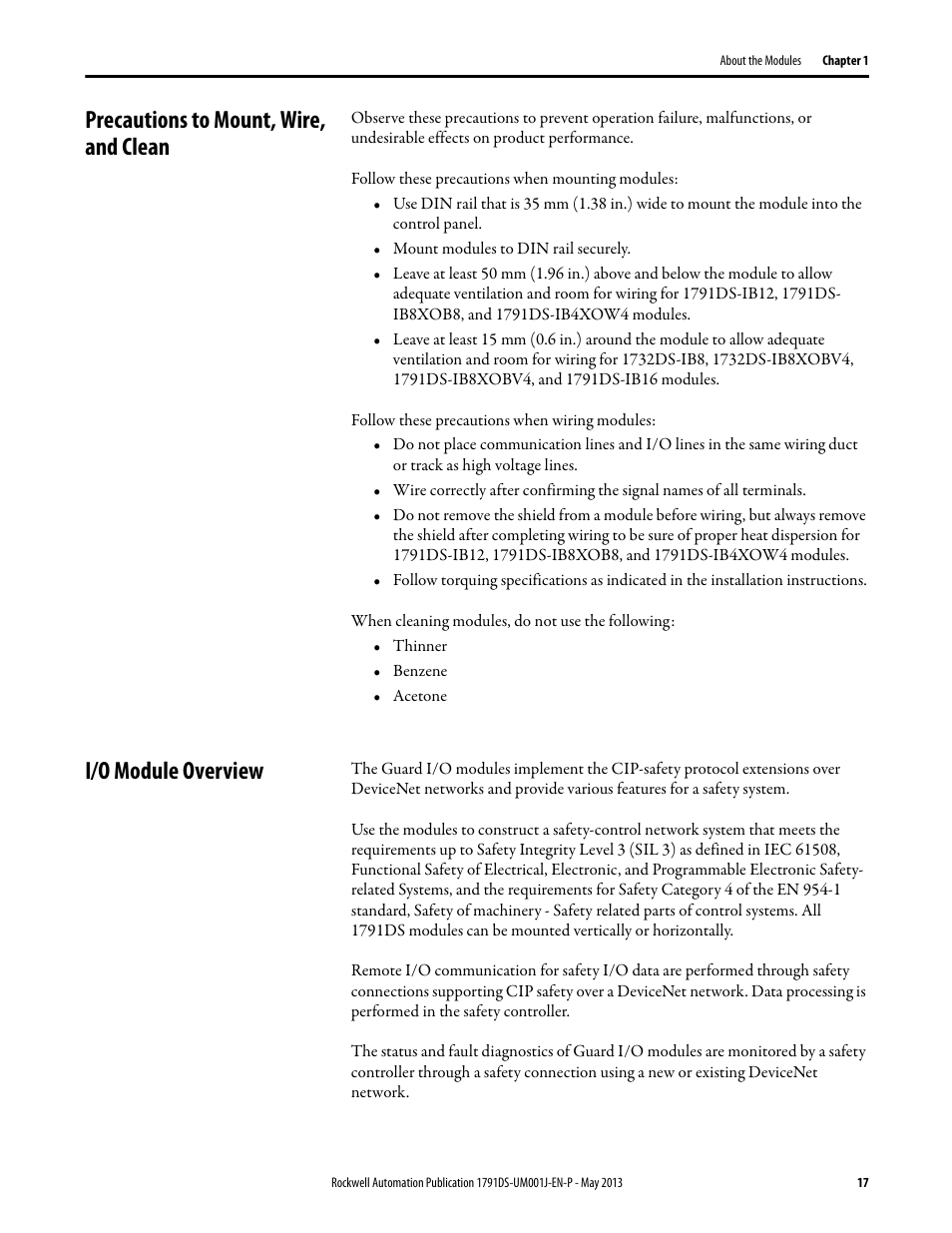 Precautions to mount, wire, and clean, I/o module overview | Rockwell Automation 1791DS-IBxxxx Guard I/O DeviceNet Safety Modules User Manual | Page 17 / 178