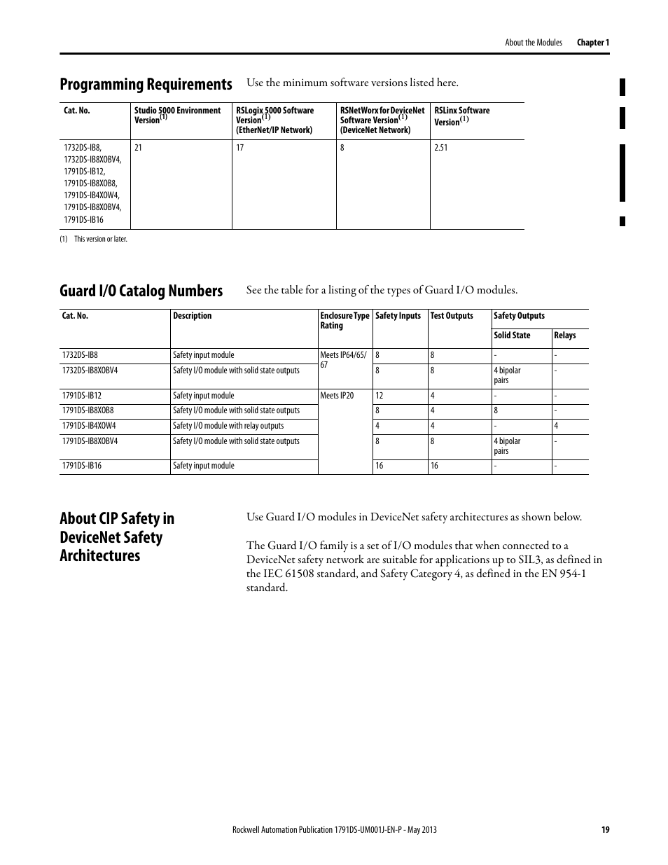 Programming requirements, Guard i/o catalog numbers, About cip safety in devicenet safety architectures | Rockwell Automation 1791DS-IBxxxx Guard I/O DeviceNet Safety Modules User Manual | Page 19 / 178