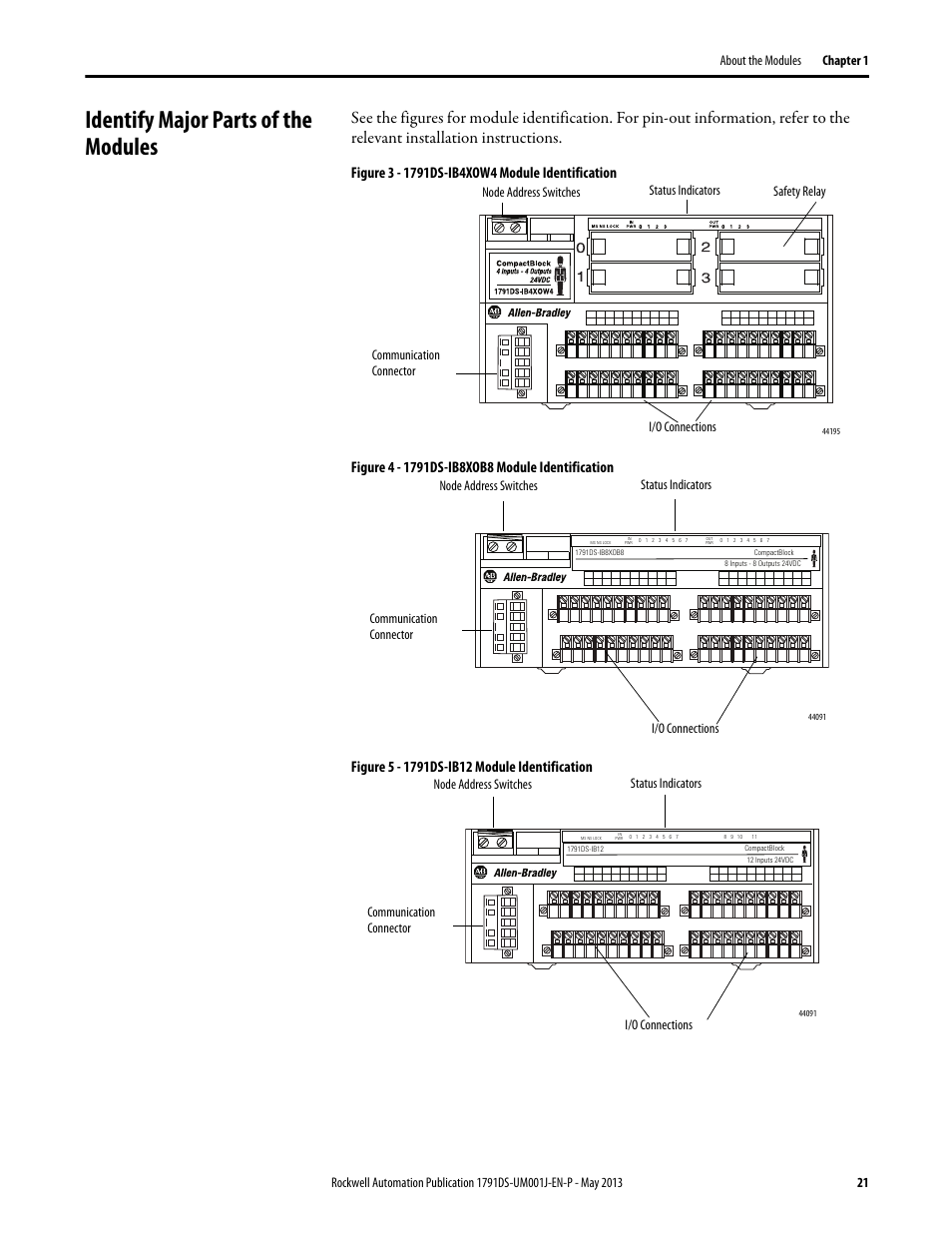 Identify major parts of the modules, Node address switches safety relay i/o connections, Communication connector status indicators | I/o connections | Rockwell Automation 1791DS-IBxxxx Guard I/O DeviceNet Safety Modules User Manual | Page 21 / 178