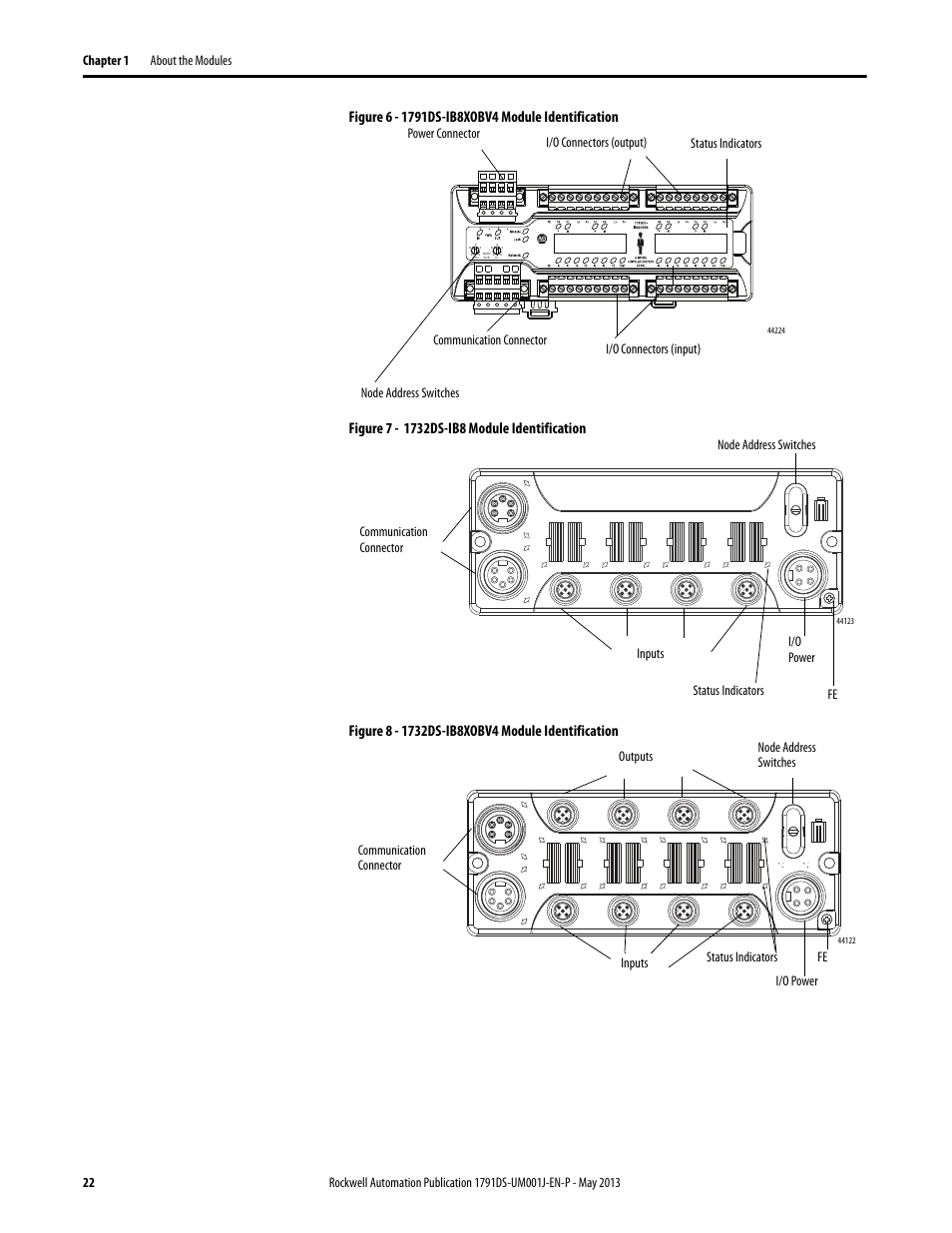 Node address switches i/o connectors (input), Status indicators fe | Rockwell Automation 1791DS-IBxxxx Guard I/O DeviceNet Safety Modules User Manual | Page 22 / 178