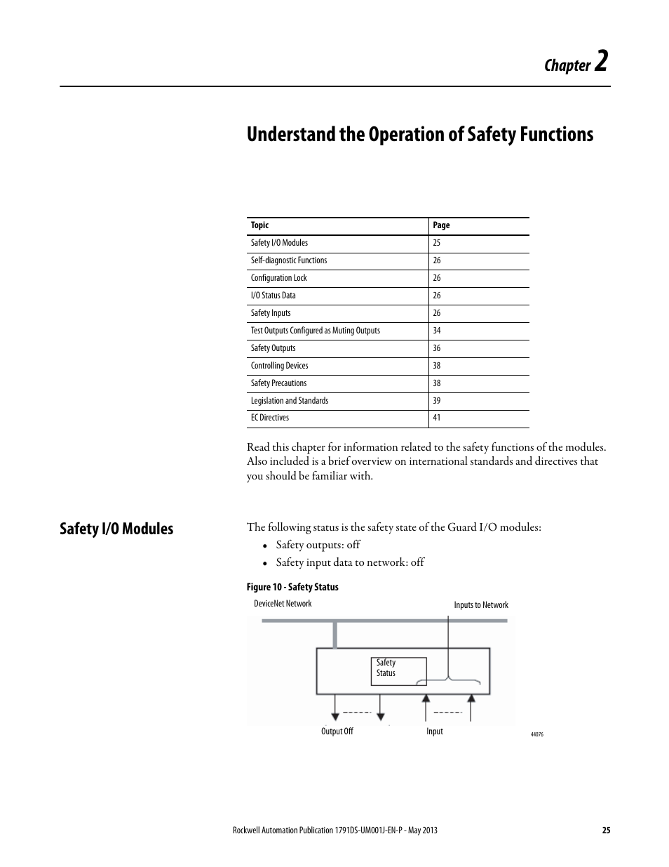 2 - understand the operation of safety functions, Safety i/o modules, Chapter 2 | Understand the operation of safety functions, Chapter | Rockwell Automation 1791DS-IBxxxx Guard I/O DeviceNet Safety Modules User Manual | Page 25 / 178